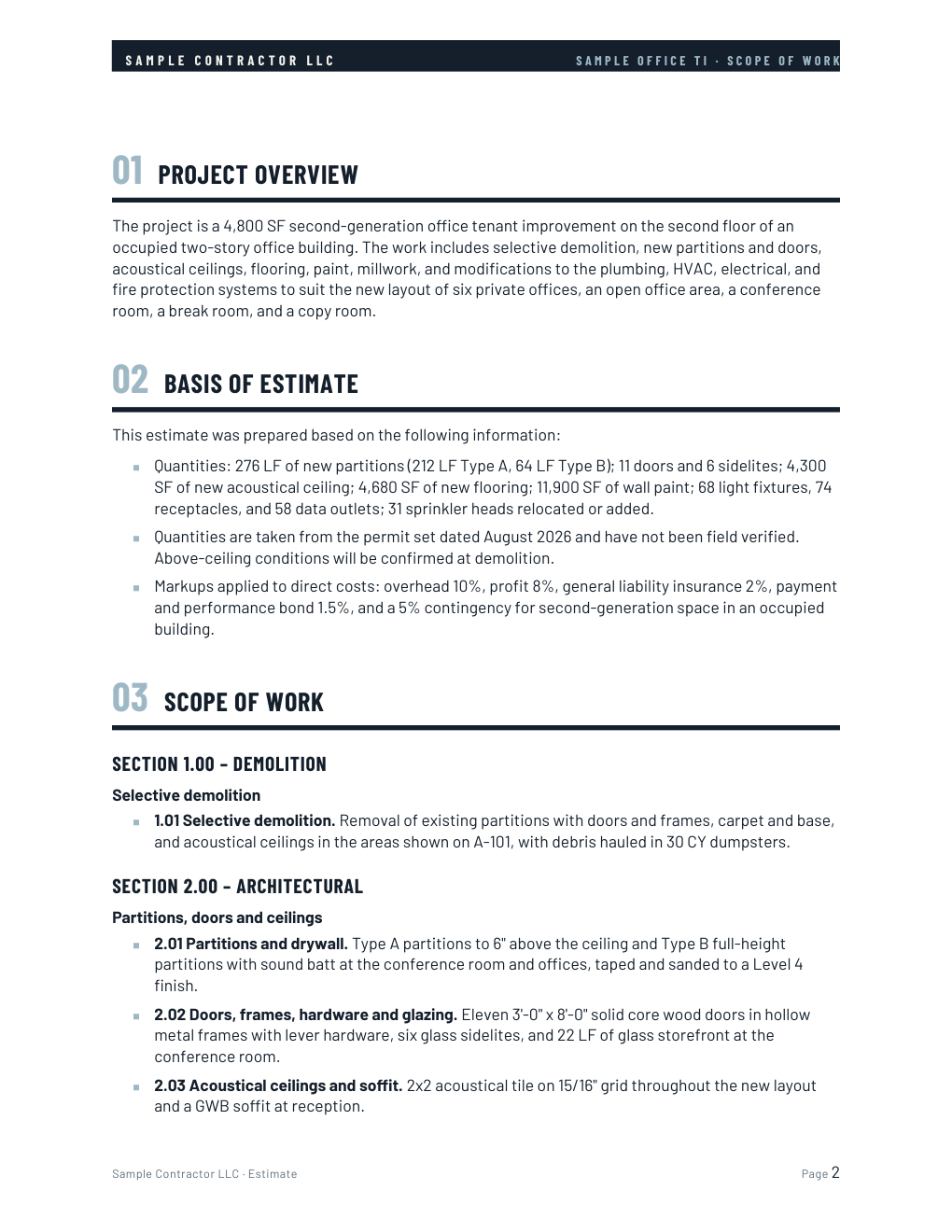 Interior page of a Skoper scope of work document: numbered sections for project overview, basis of estimate and scope of work, with bid items described under each area of work