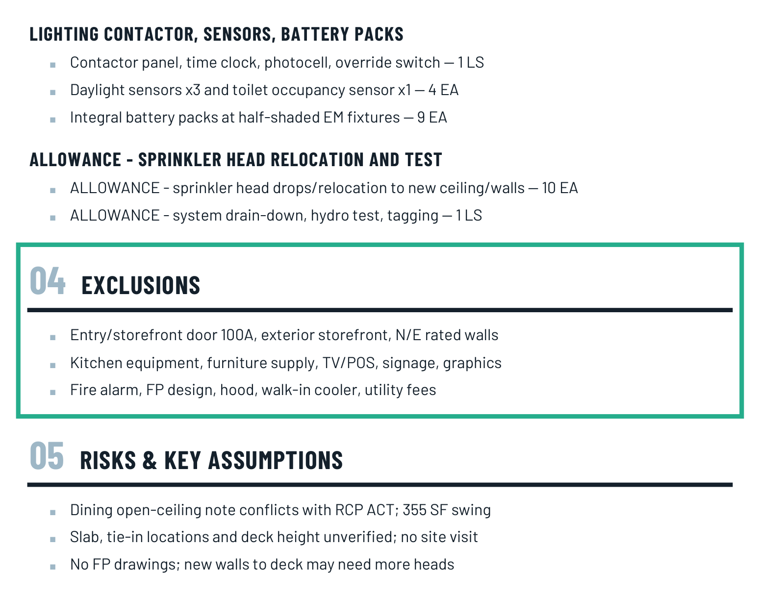 Every estimate comes with a scope of work. Add your exclusions and attach it to the bid.